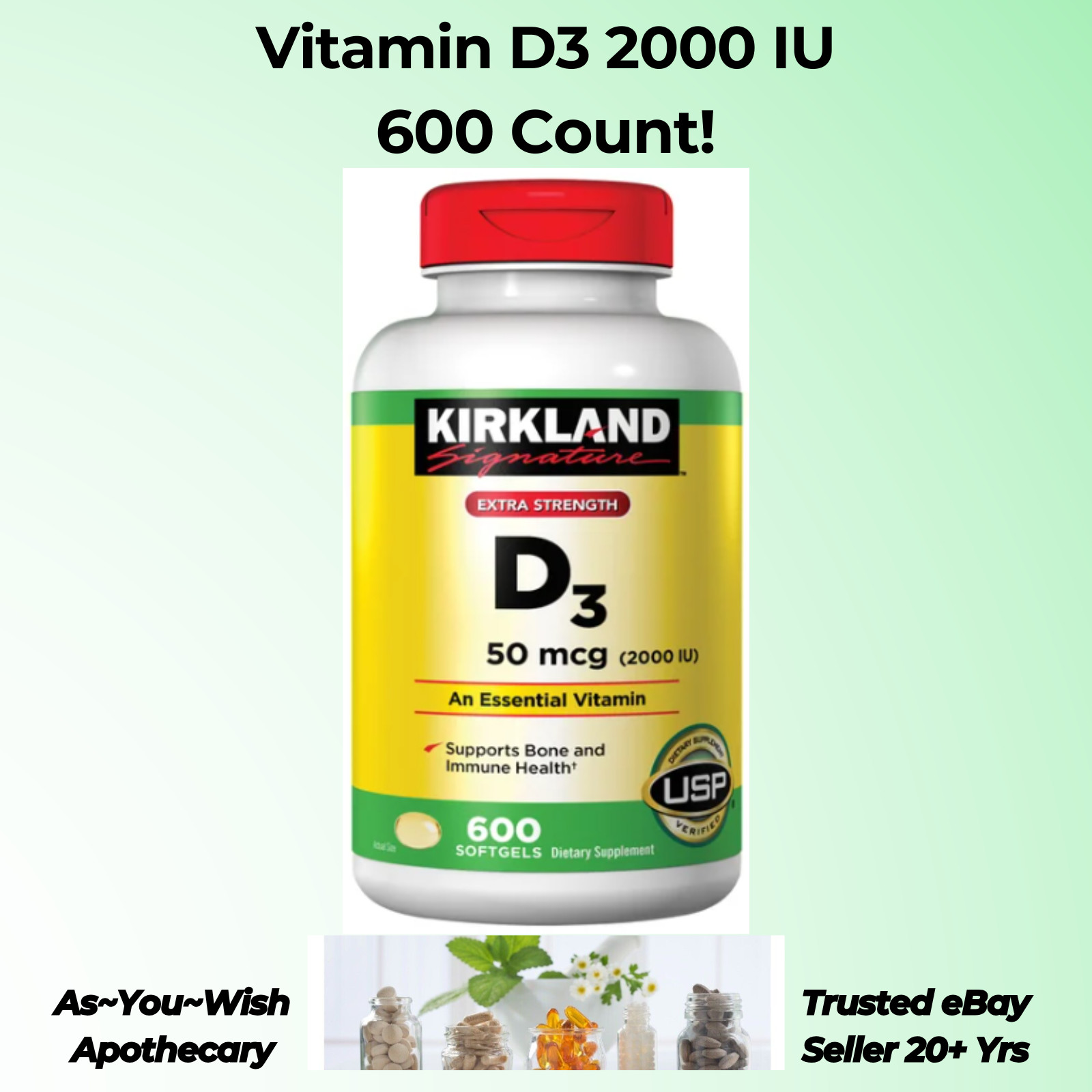600 Ct. Extra Strength Vitamin D3 2000 IU Softgels Exp: 3/27 Bone Immune Support