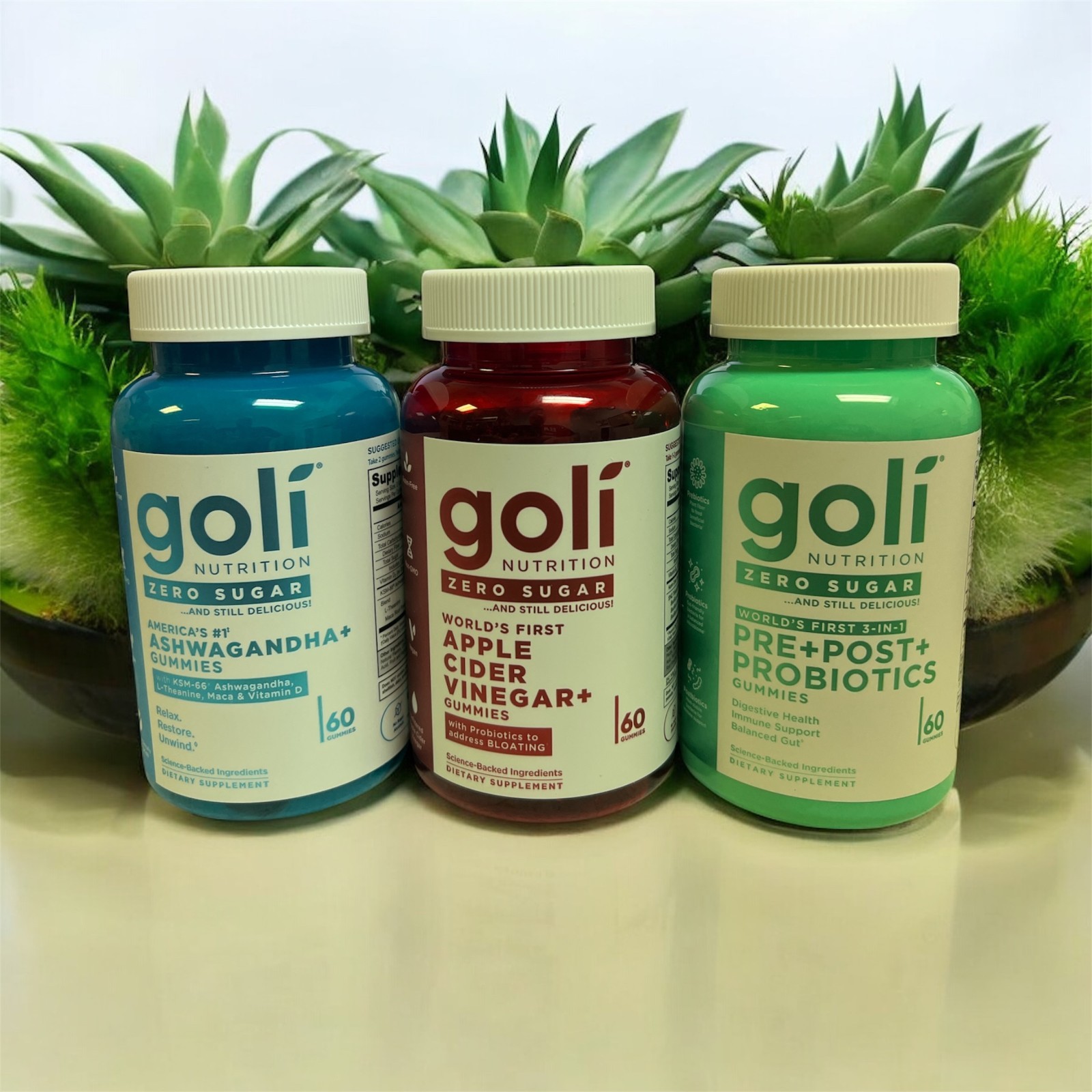 3pk GOLI Sugar Free Apple Cider Vinegar Ashwagandha Pre+Post Probiotic Gummies