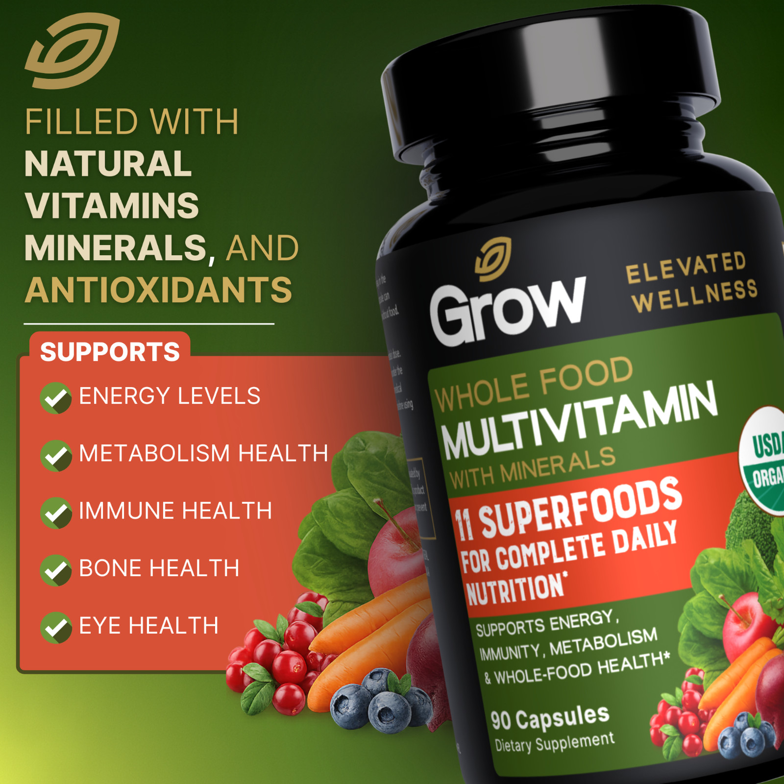 Whole Food Multivitamin for Men & Women with Minerals – 90 Vegetarian Capsules
