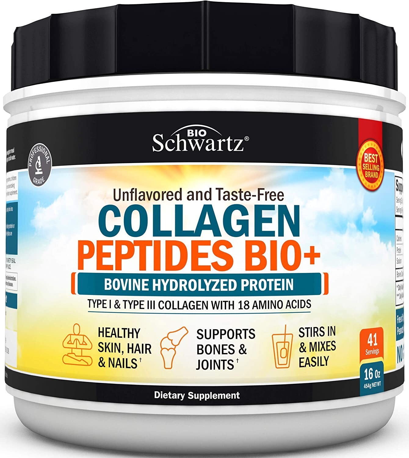 BioSchwartz Collagen Peptides Bio+ Powder Grass Fed, Skin Hair, Unflavored 16oz