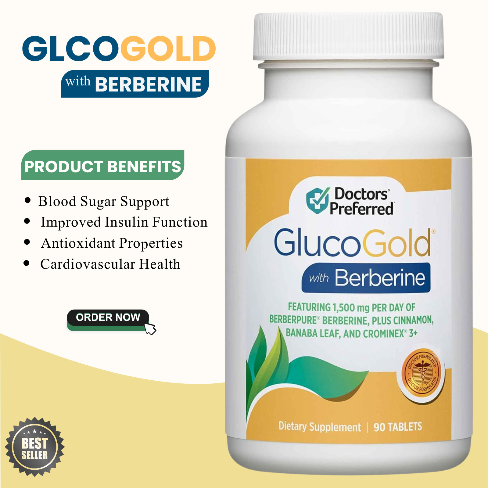 Doctors Preferred GlucoGold 90 Tabs with Berberine, Cinnamon & Chromium Support