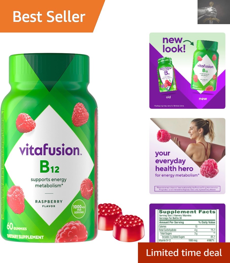 60ct Delicious Raspberry Vitamin B12 Gummies – Natural Energy Support Supplement