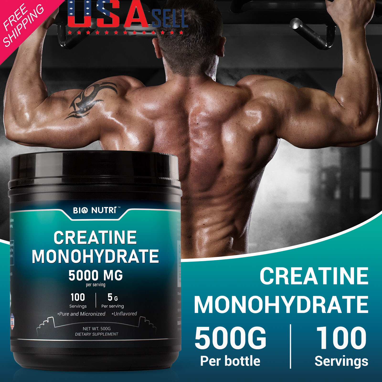 Pure Creatine Monohydrate 500G Powder (Micronized) 100 Servings 5g Per BIO NUTRI
