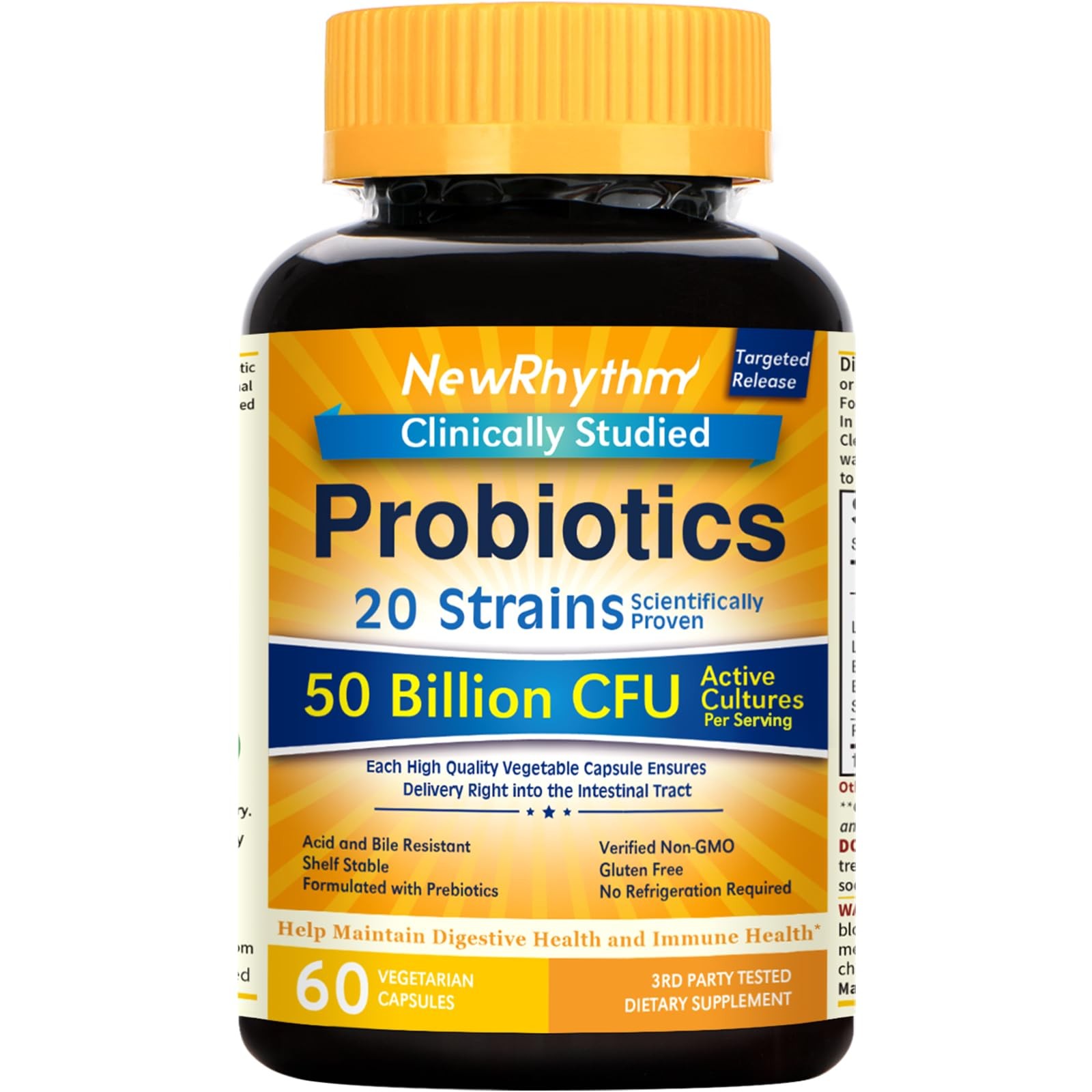 Newrhythm Probiotics 50 Billion Cfu 20 Strains, 60 Veggie Capsules, Ta
