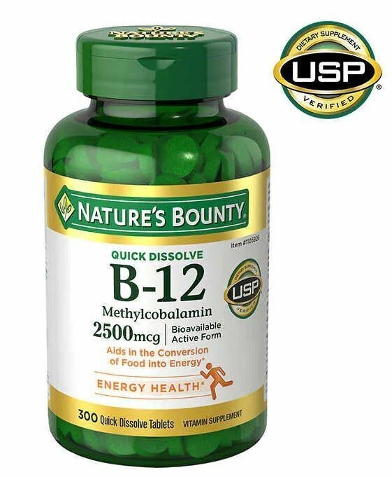 Nature’s Bounty Vitamin B-12 2500 mcg, 300 Quick Dissolve Tablets USP Verified