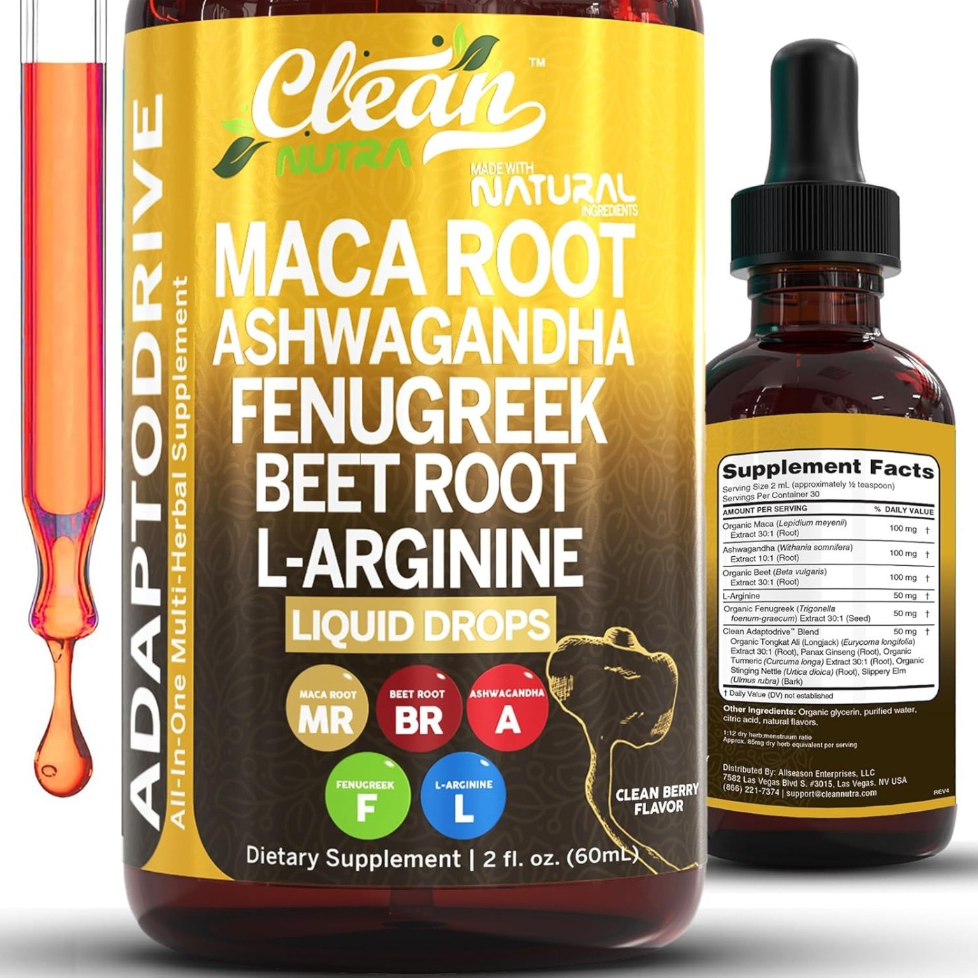 Organic Maca Root Liquid Drops with Ashwagandha, Fenugreek, Beet Root and L-Argi