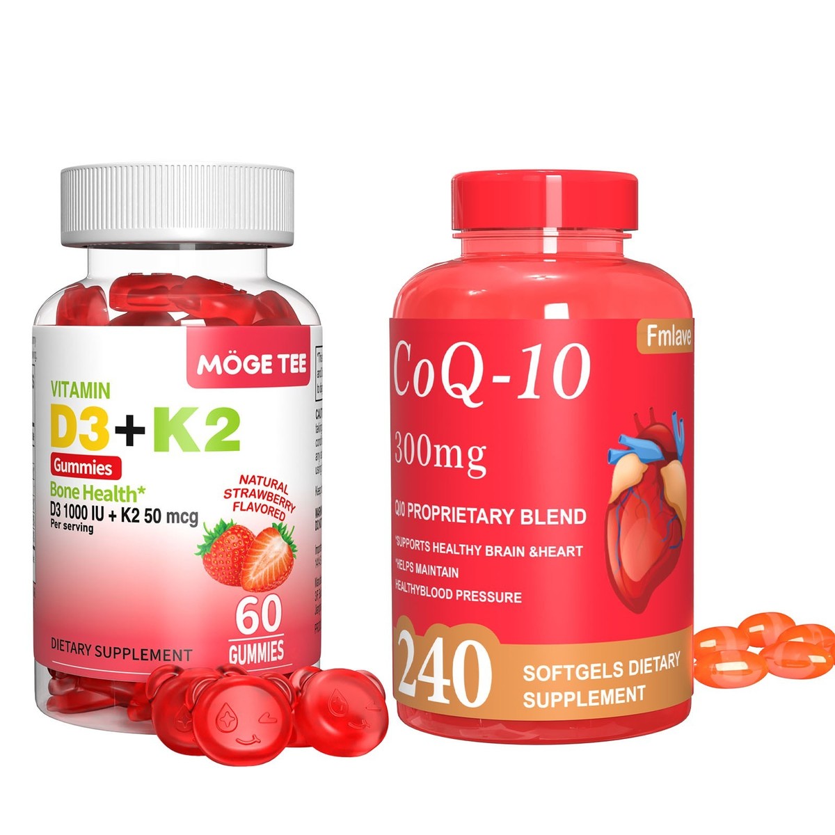 300mg CoQ10 Capsules + Vitamin D3+K2 Gummies Immune & Heart, Bone Health Support