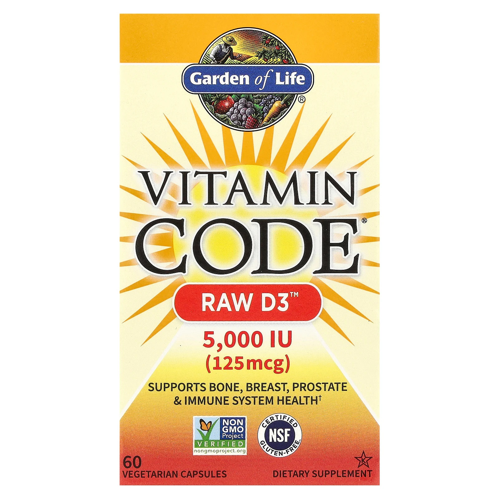 Garden of Life Vitamin Code RAW D3 5 000 IU 60 Vegetarian Capsules Dairy-Free,