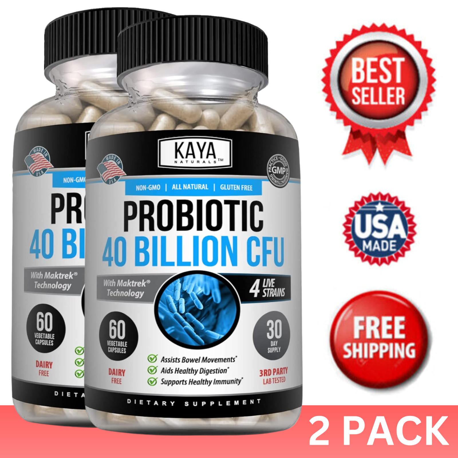 (2 Pack) Probiotics 40 Billion Digestive Gut Immune Health Gas Bloating Relief