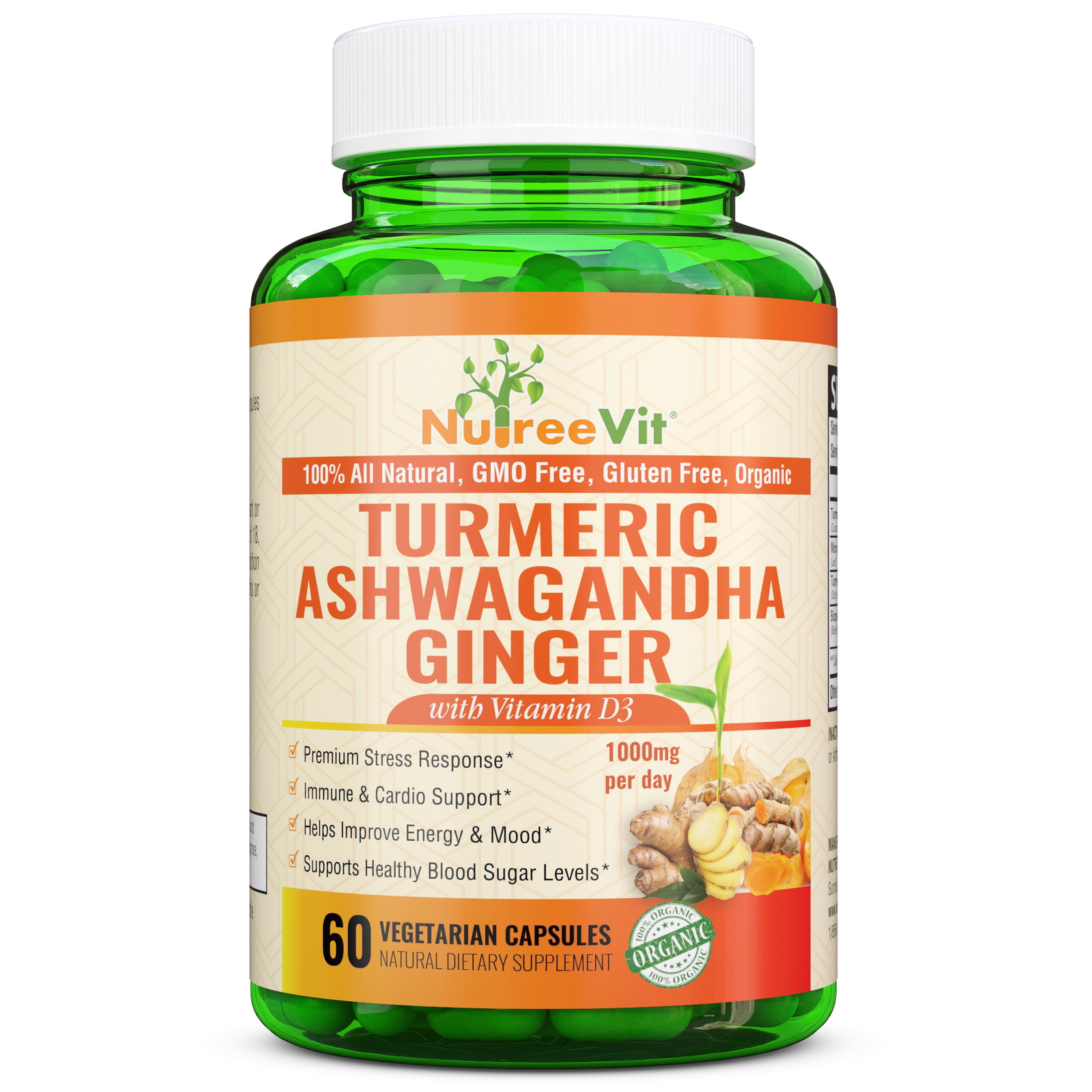 NutreeVit 100% Organic  – Turmeric + Ashwagandha + Ginger + Vitamin D3