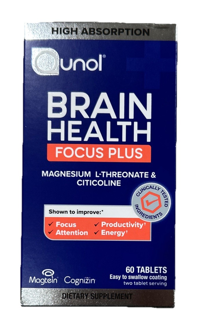 Qunol Brain Health Focus + Tablet with 1000mg Magnesium  250mg Citicoline, 60ct