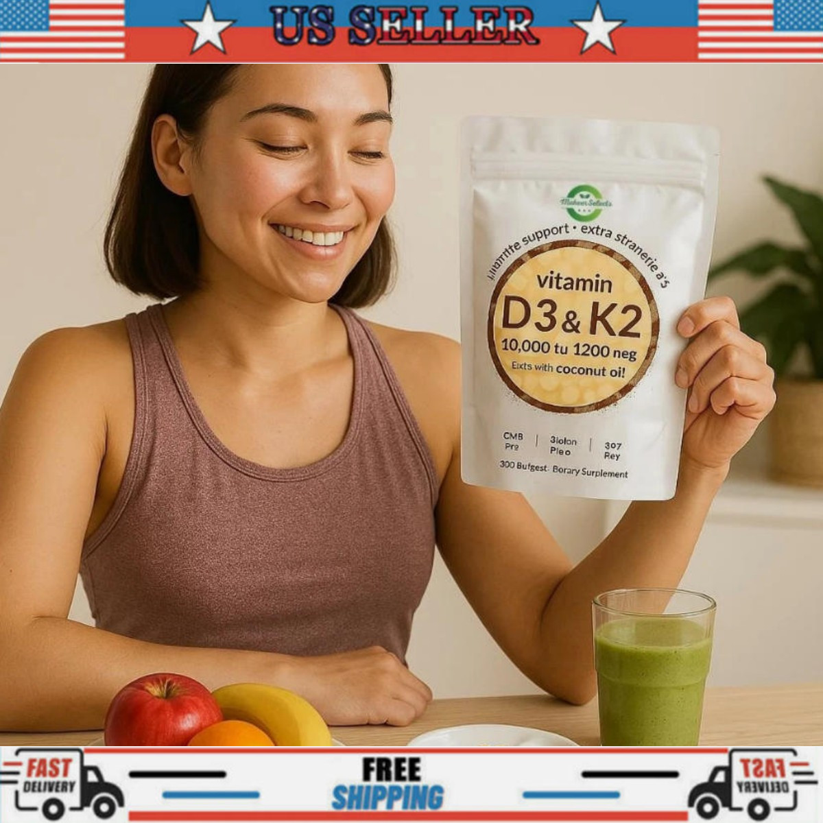 Vitamin D3 10000 iu Plus K2 (MK-7) 200 mcg, 300 Virgin Coconut Oil Softgels US