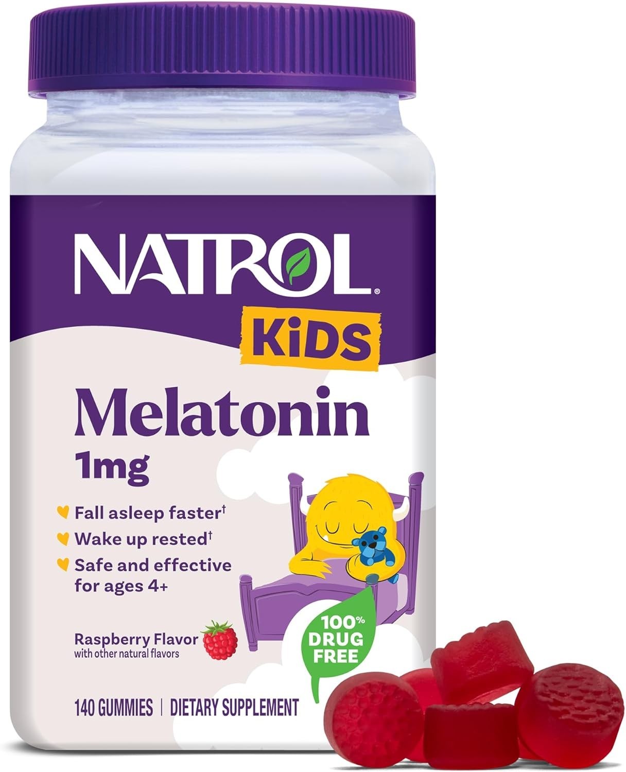 Natrol Kids Melatonin, Sleep Gummies for Children, Raspberry Flavor, 1mg, 140 CT