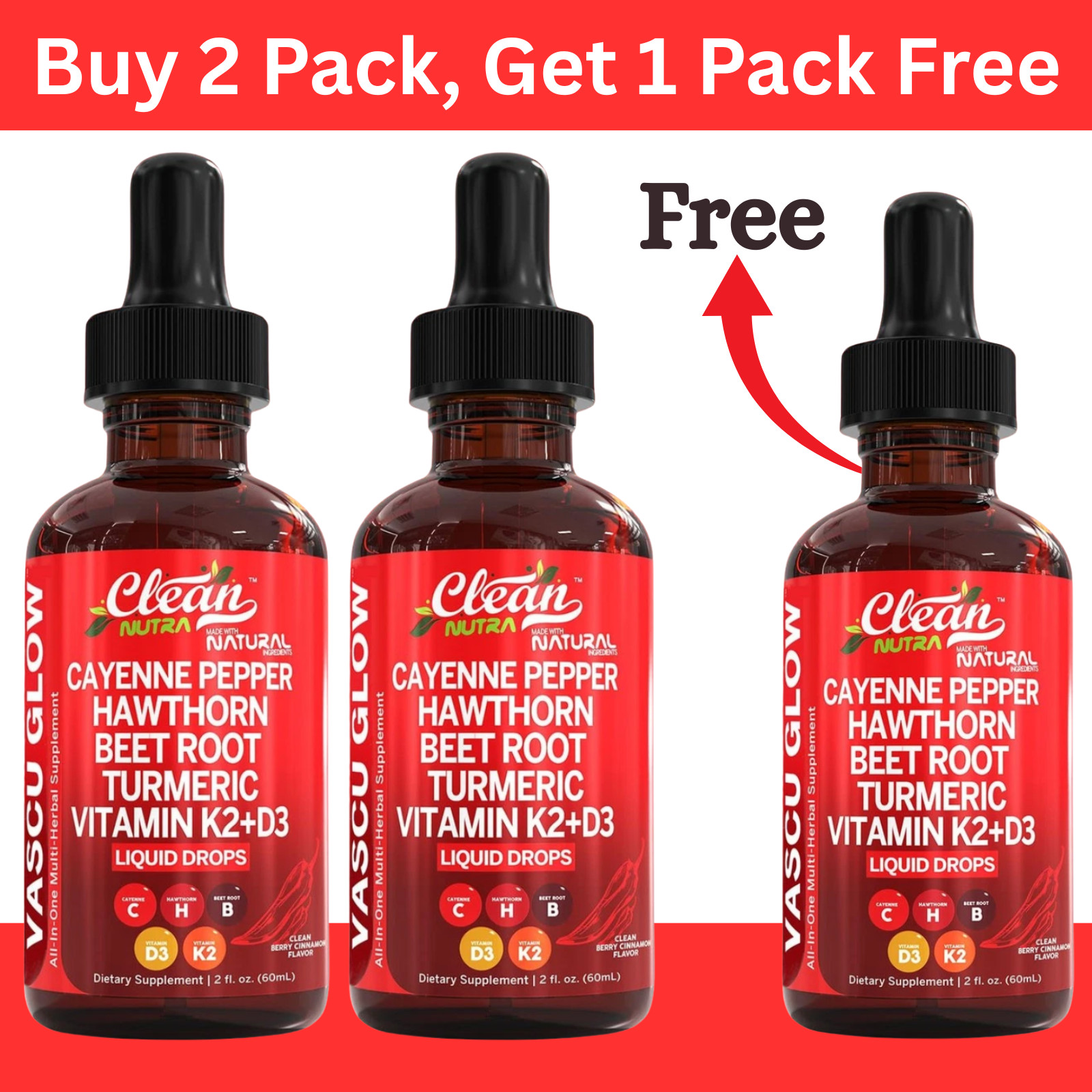 3Pack Cayenne Pepper Hawthorn Beet Root Turmeric Vitamin K2+D3 Liquid Drops 60ML