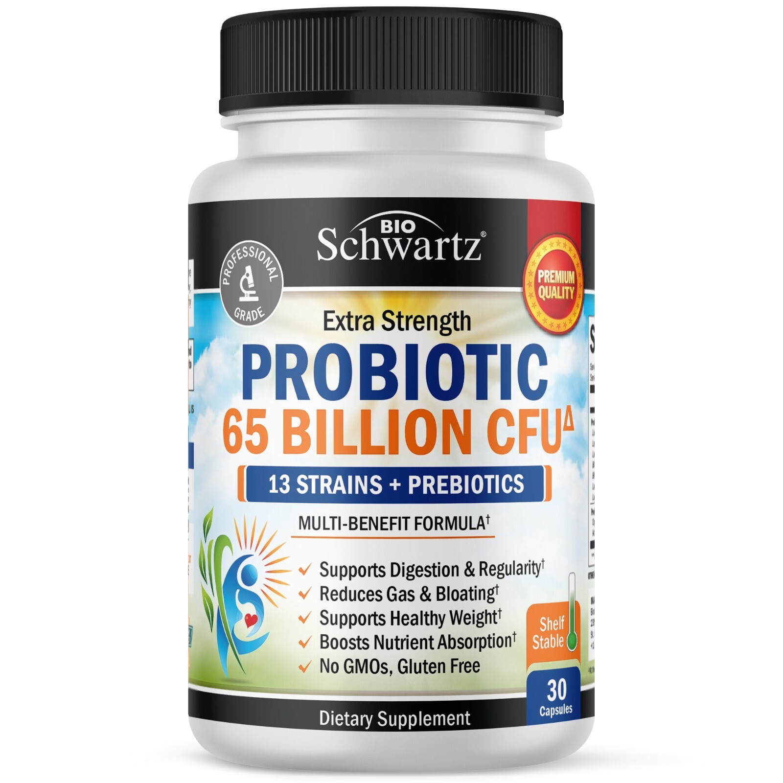 BioSchwartz Probiotic 65 Billion CFU Reduce Bloating & Support Digestion, 30 ct