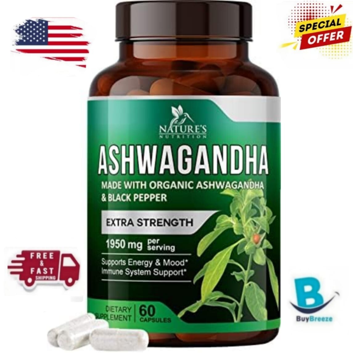 Organic Ashwagandha Capsules 1950mg Supplement w/Black Pepper Root Powder