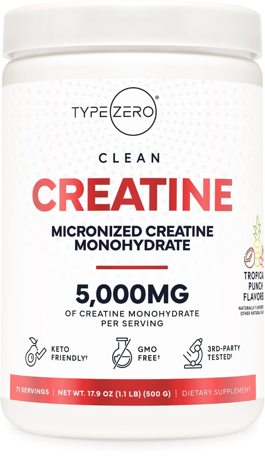 TypeZero Creatine Monohydrate Powder 500 Grams, Tropical Punch Flavored
