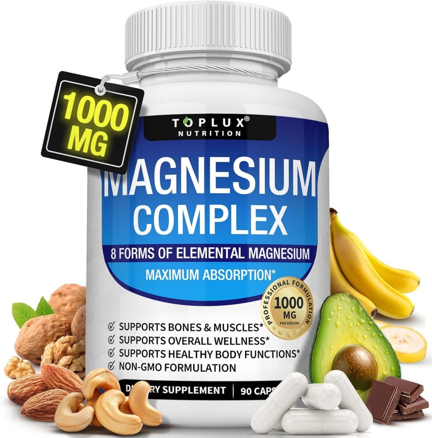 Toplux 8-in-1 Magnesium Complex 1000mg Bone Health & Muscle Recovery, Vegan new