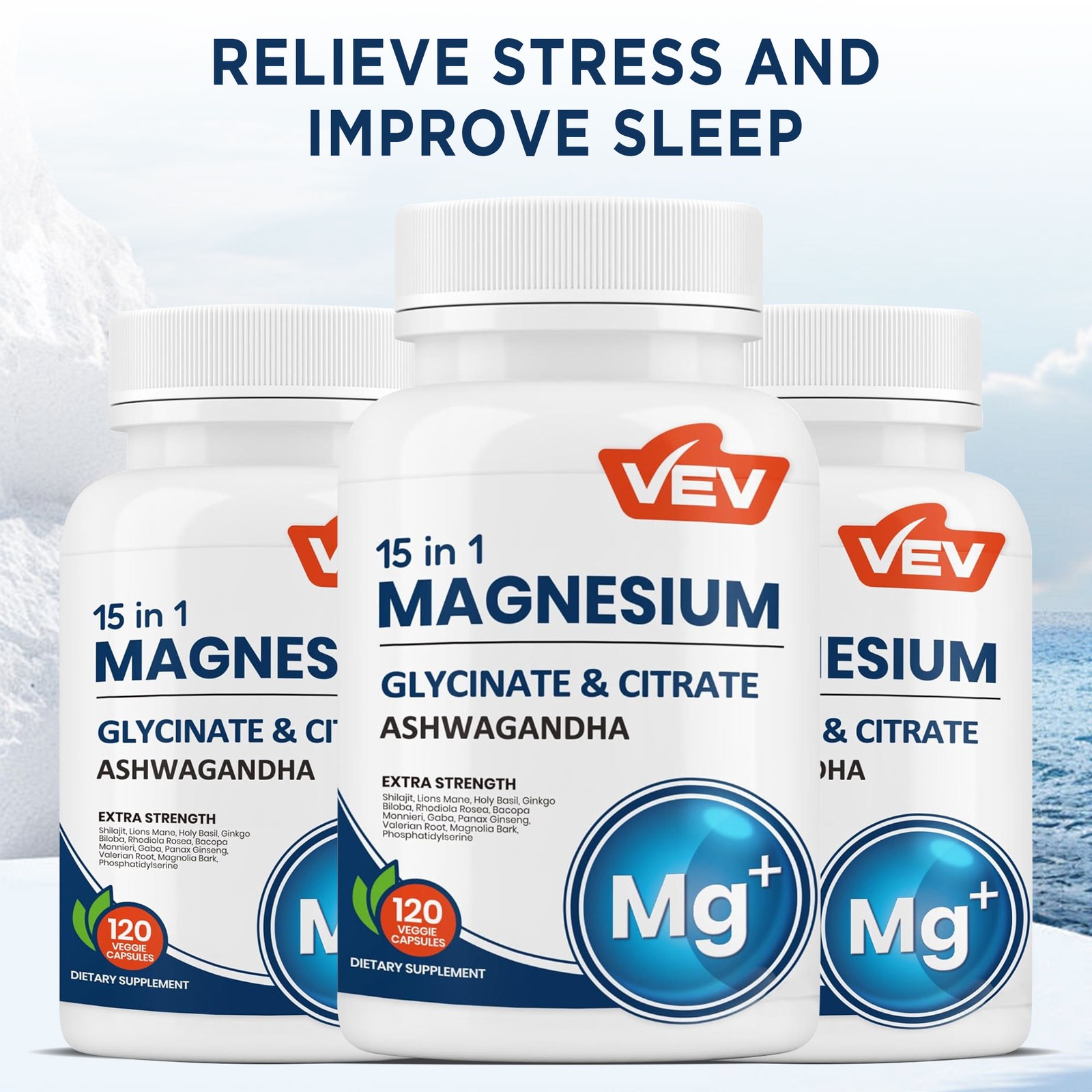 VEV 15 in 1 Magnesium Citrate & Glycinate Complex Capsules, Cortisol Support