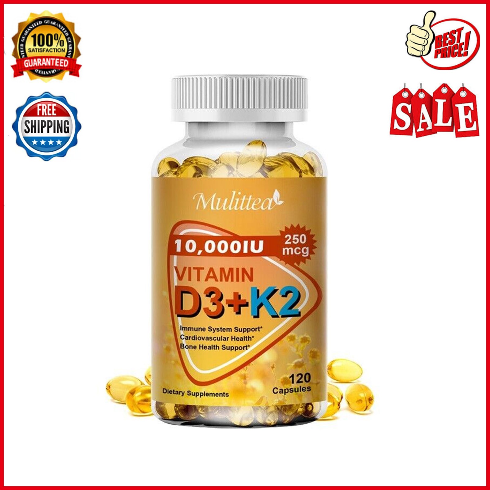 Vitamin K2 (MK7) with D3 10000 IU Supplement, Immune Health, Bone & Heart Health