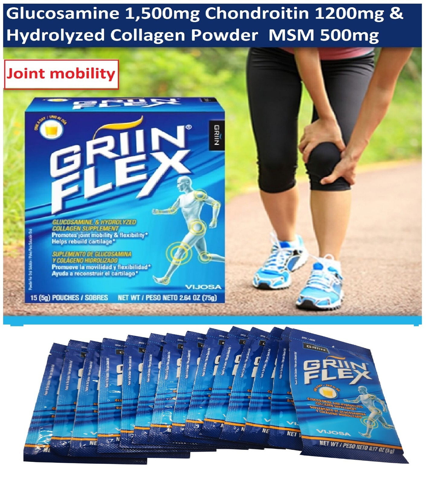 Colageno HYDROLYZADO Griin Flex CONDROITINA GLUCOSAMINA MSM  polvo 15 sobres