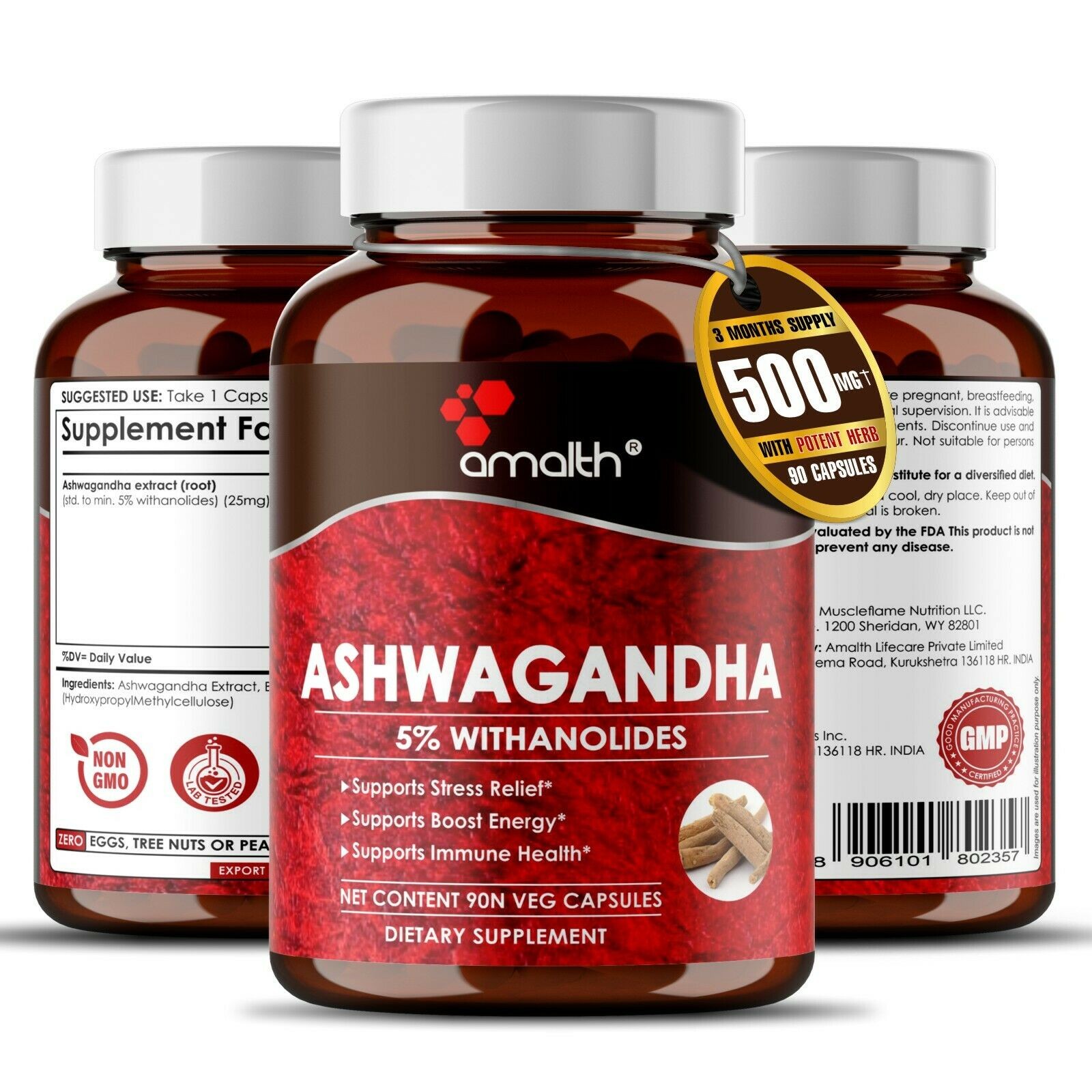 Ashwagandha Root Extract Powder 500mg Capsules – 90 Count Stress Supplement