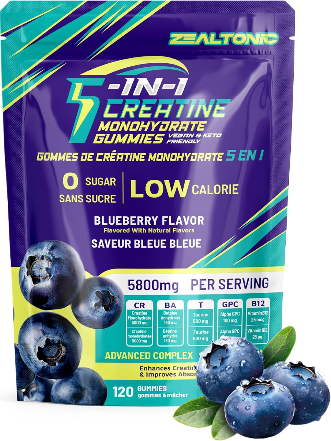 Creatine Monohydrate Gummies 5800mg with Betaine & Alpha GPC | 0 Sugar | Pre Wor