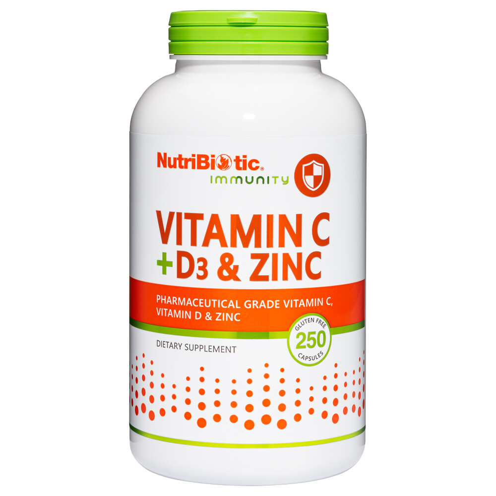 NutriBiotic Vitamin C + Vitamin D3 & Zinc, 250 Capsules
