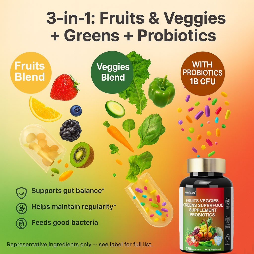 Fruits and Veggies | 120 Capsules | 70 Fruits and Vegetables 1 B CFU Probiotics