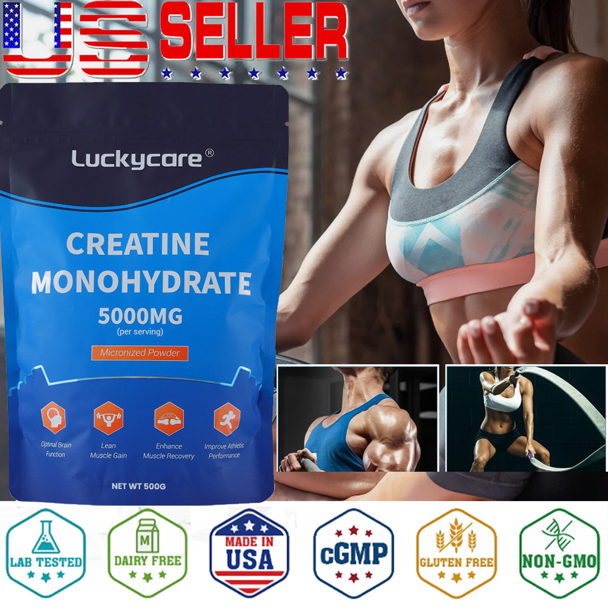 LuckyCare Pure Micronized Vegan Creatine Monohydrate Powder 500g 5g Per Serving