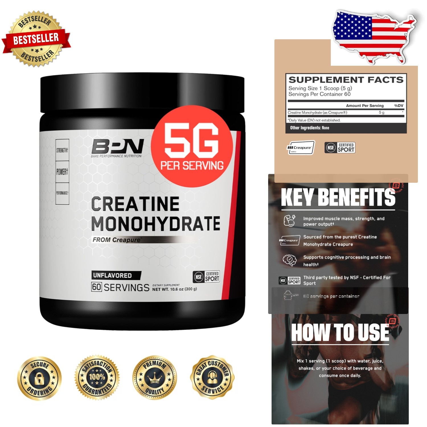 BPN Pure Creatine Monohydrate Powder 60 Servings Creapure  Energy Strength