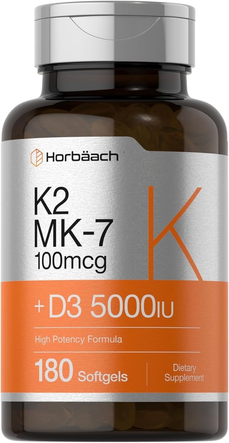 Horbäach Vitamin D3 K2 5000 iu | 100mcg MK-7 Complex | 180 Softgel Capsules | No