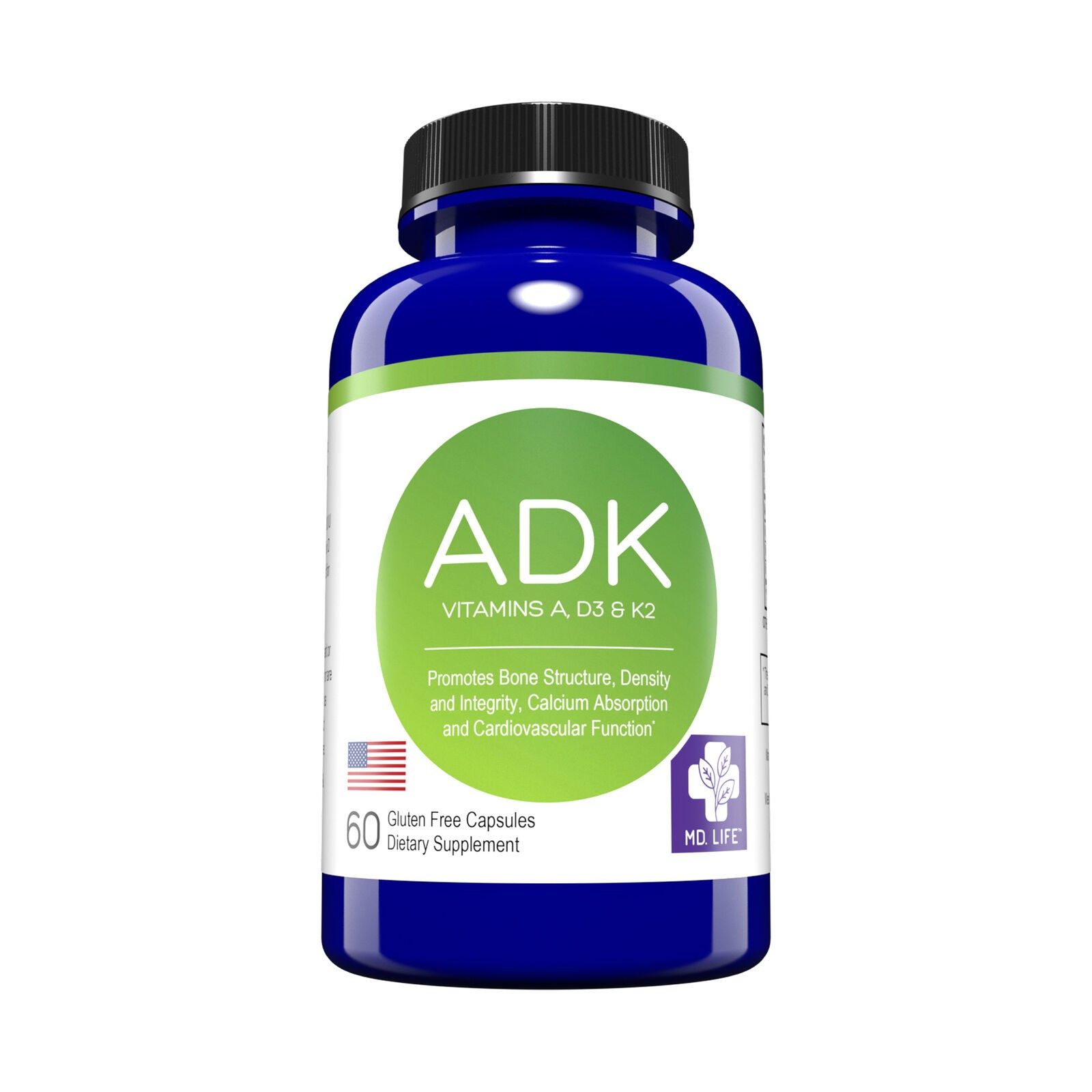 MD.LIFE ADK Vitamin – D3 K2 & A – Bone & Heart Health Support – 60 Ct