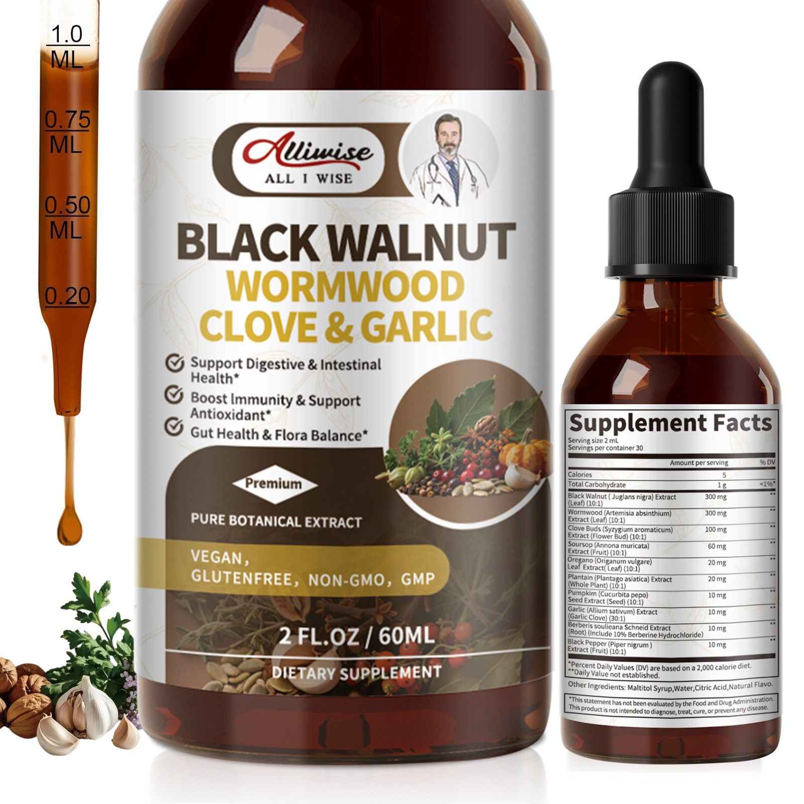 Parasite Cleanse Tincture/Extract-Wormwood, Black Walnut Hull, Clove, 2 fl oz