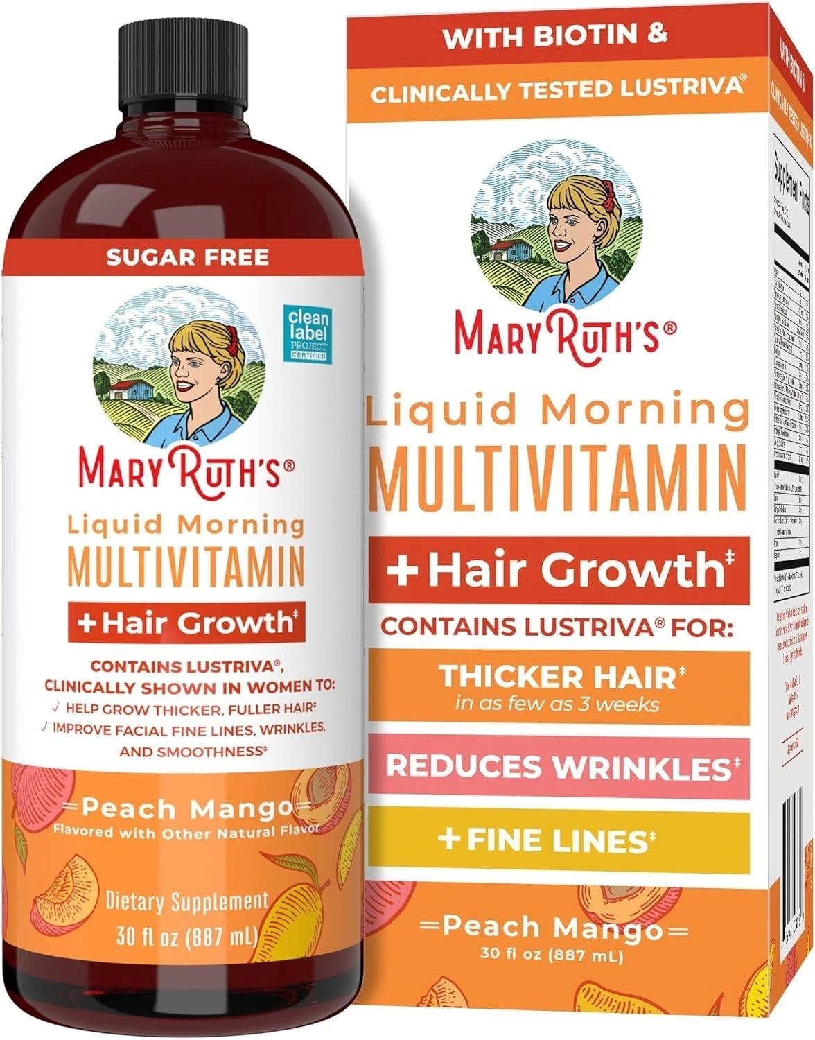 Mary Ruth’s Liquid Morning Multivitamin + Hair Growth – Peach Mango – 30 fl oz