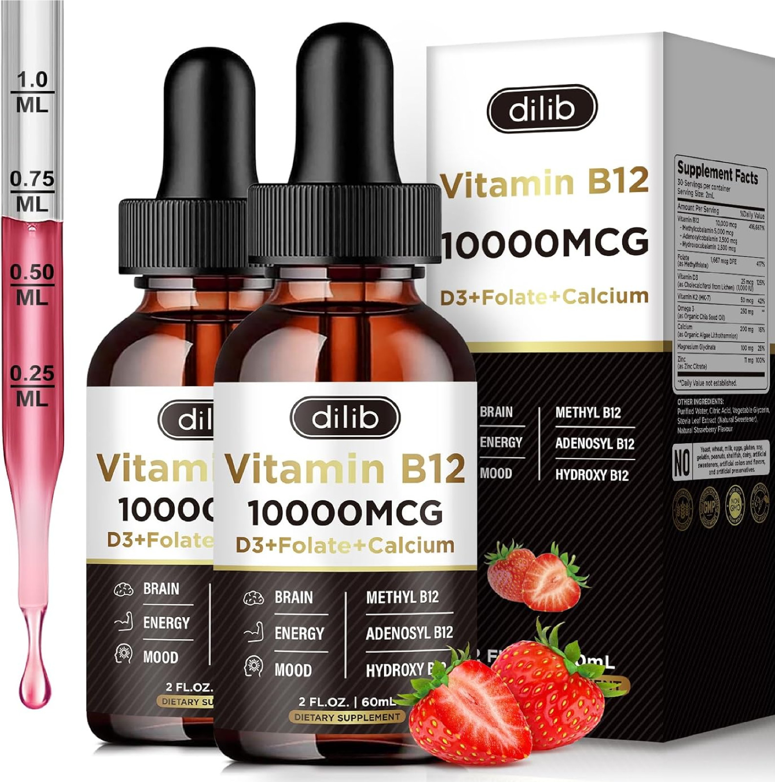 Vitamin B12 Liquid Drops Sublingual 10000 mcg, Triple B-12 Complex Supplement, M