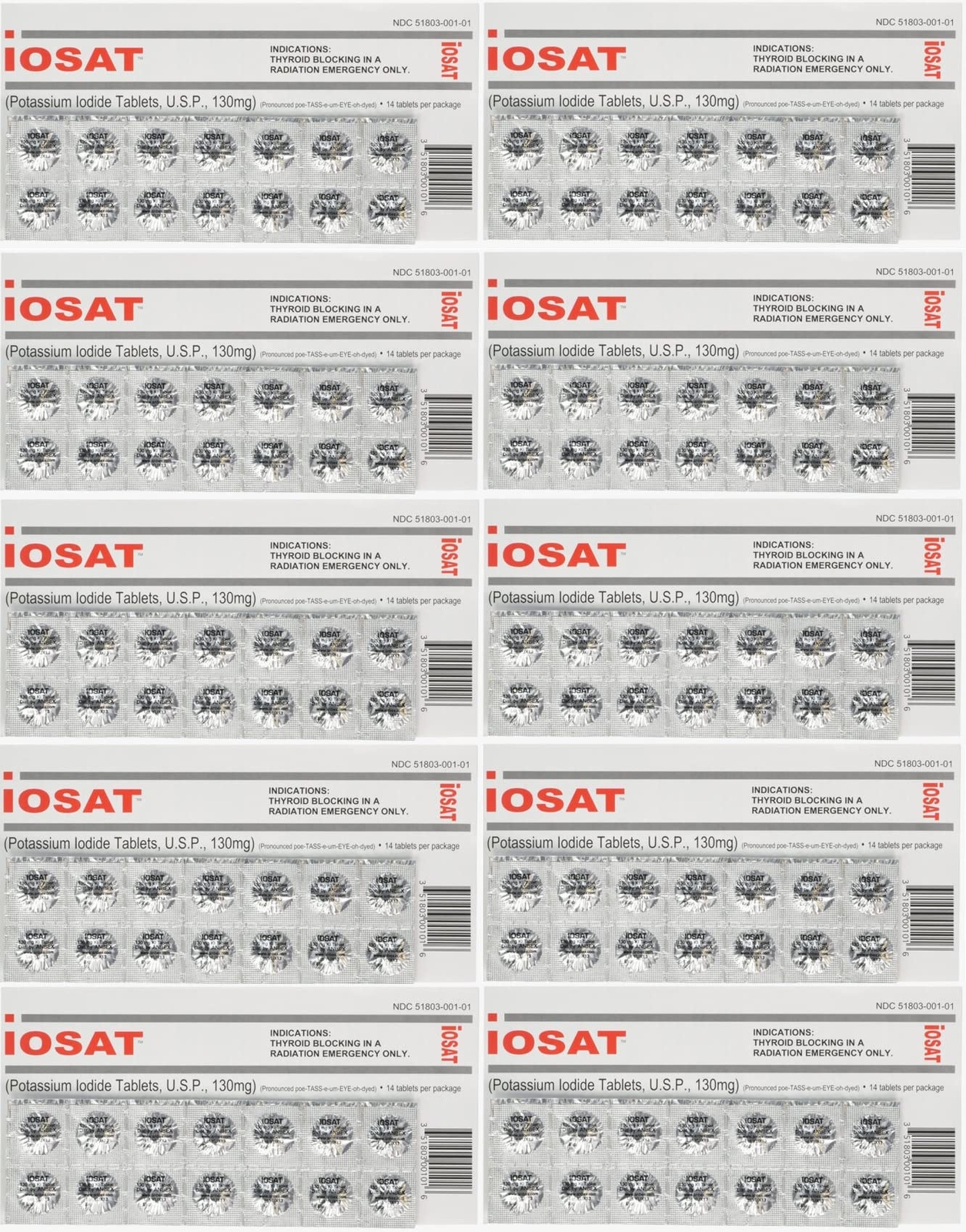 iOSAT Potassium Iodide Tablets 130 mg 14 Tablets each – 10 packs