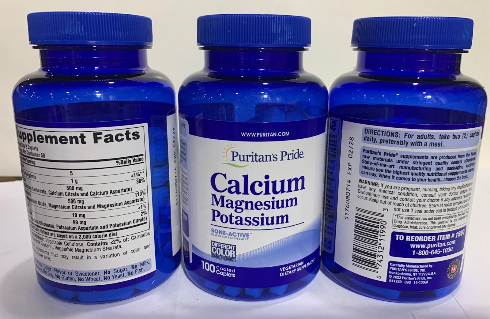 Puritan’s Pride Calcium Magnesium and Potassium – 100 Caplets (Pack of 3)