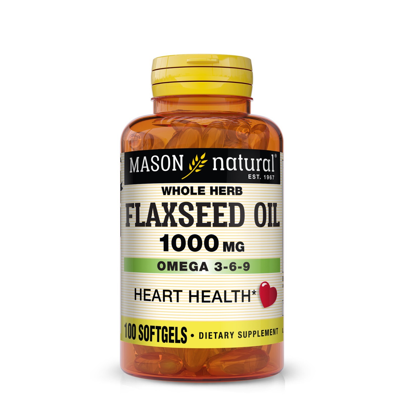 Mason Natural Flax Seed Oil 1000mg Omega 3-6-9 For Heart Health, 100 Softgels