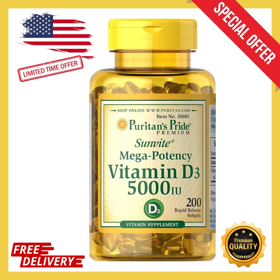 VITAMIN D3 Mega Potency PURITANS PRIDE 5000 IU Immune Supplement 200 Softgels