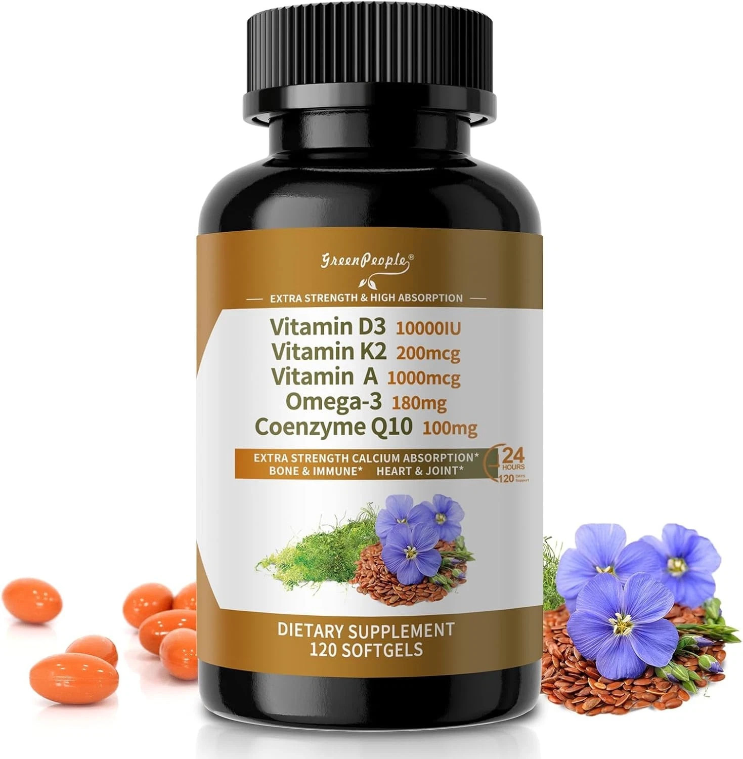 Vitamin D3 K2 Softgel 5-in-1-10000 iu Omega-3 CoQ10 Support Ca Absorption Heart