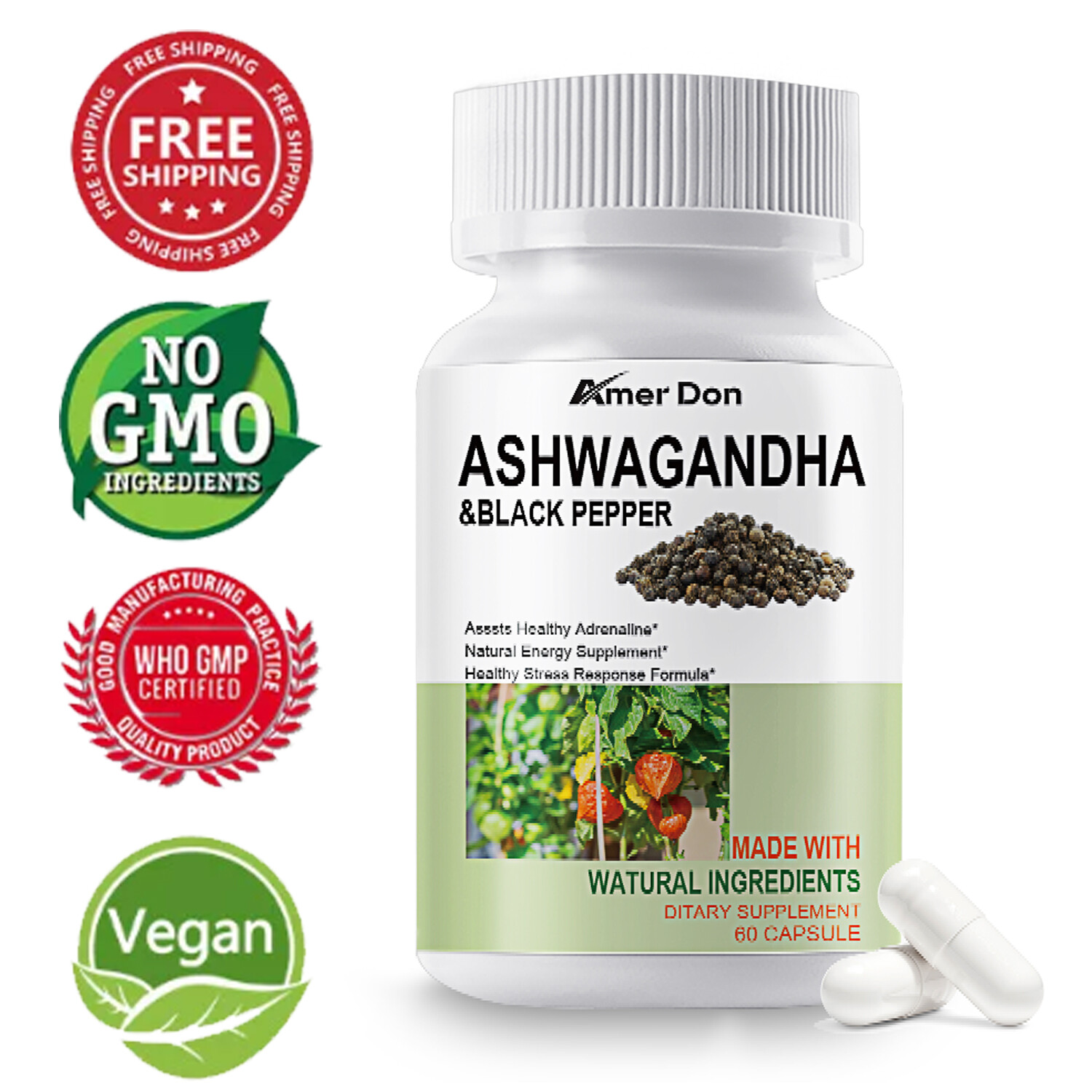 Organic Ashwagandha Capsules 1300mg Supplement w/ Black Pepper Root Powder