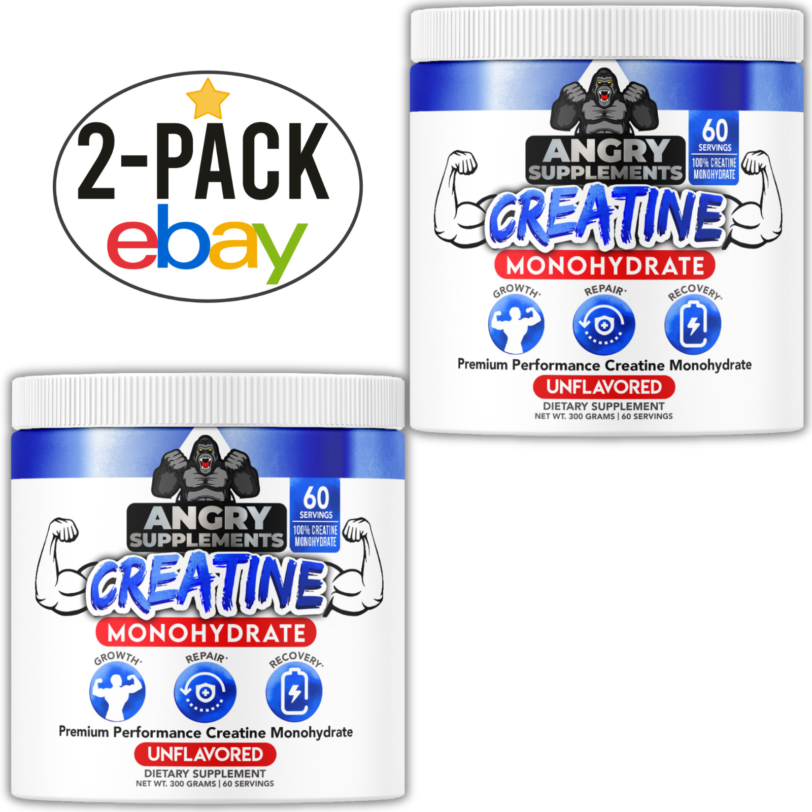 Angry Supplements Creatine Monohydrate 100% Grow Repair 300g 2pk – 120 Servings