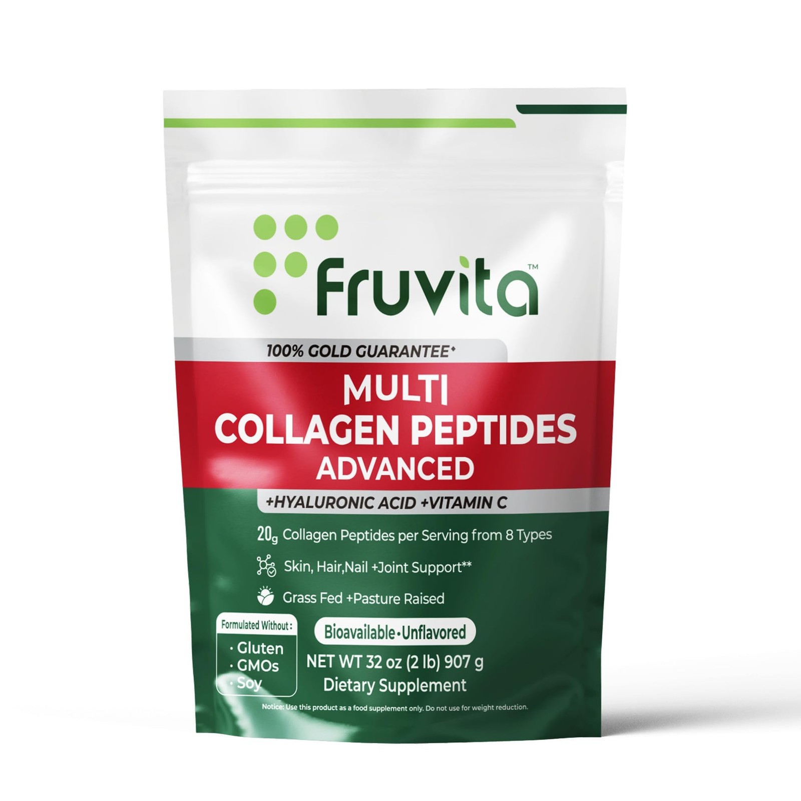 2 Pounds Fruvita Multi Collagen Peptides Powder Advanced, – 8 Types of Collagen