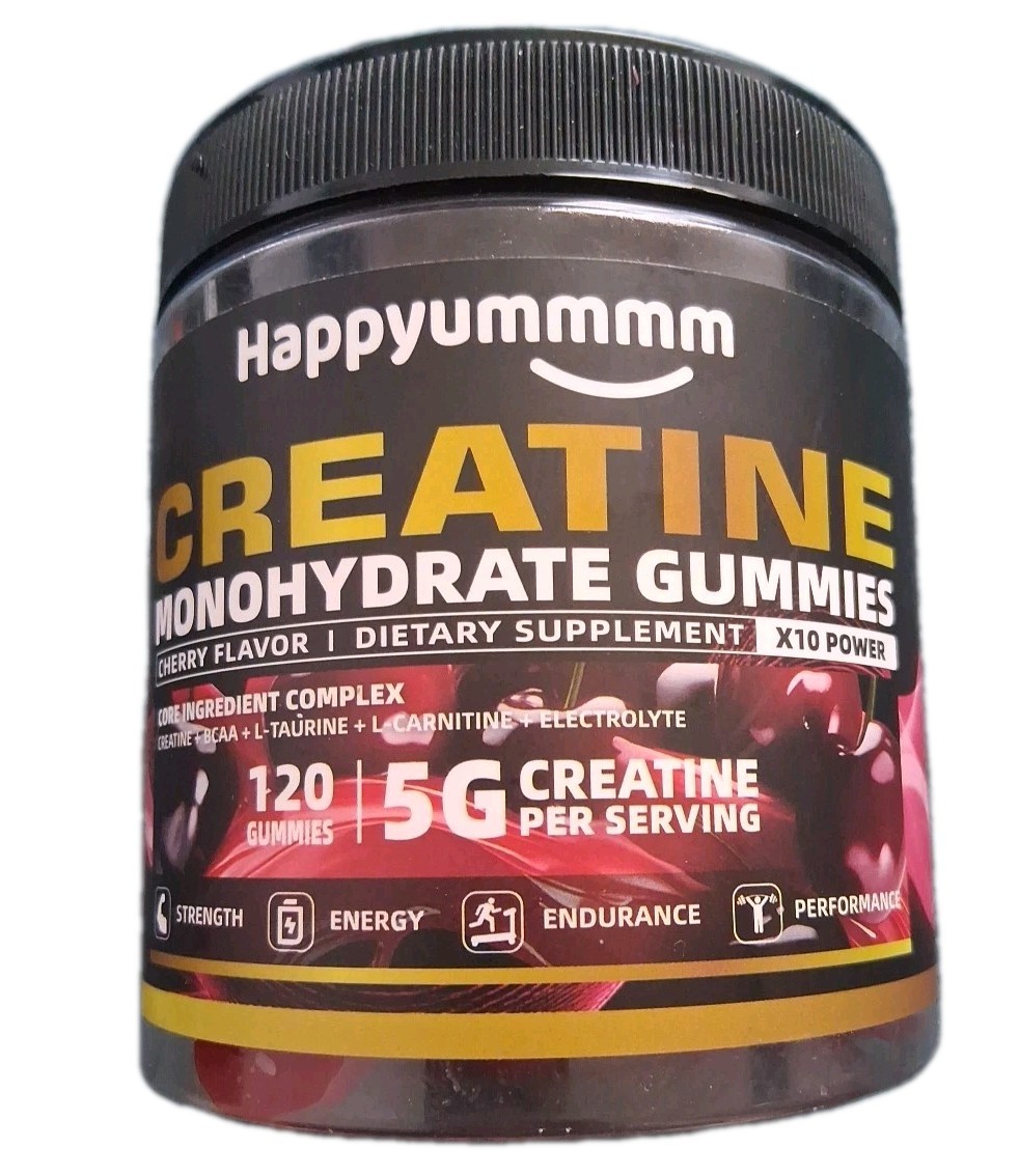 Happyum Creatine Monohydrate BCAA Gummies 5g 5000mg 120ct Exp 04/27 Cherry Gummy