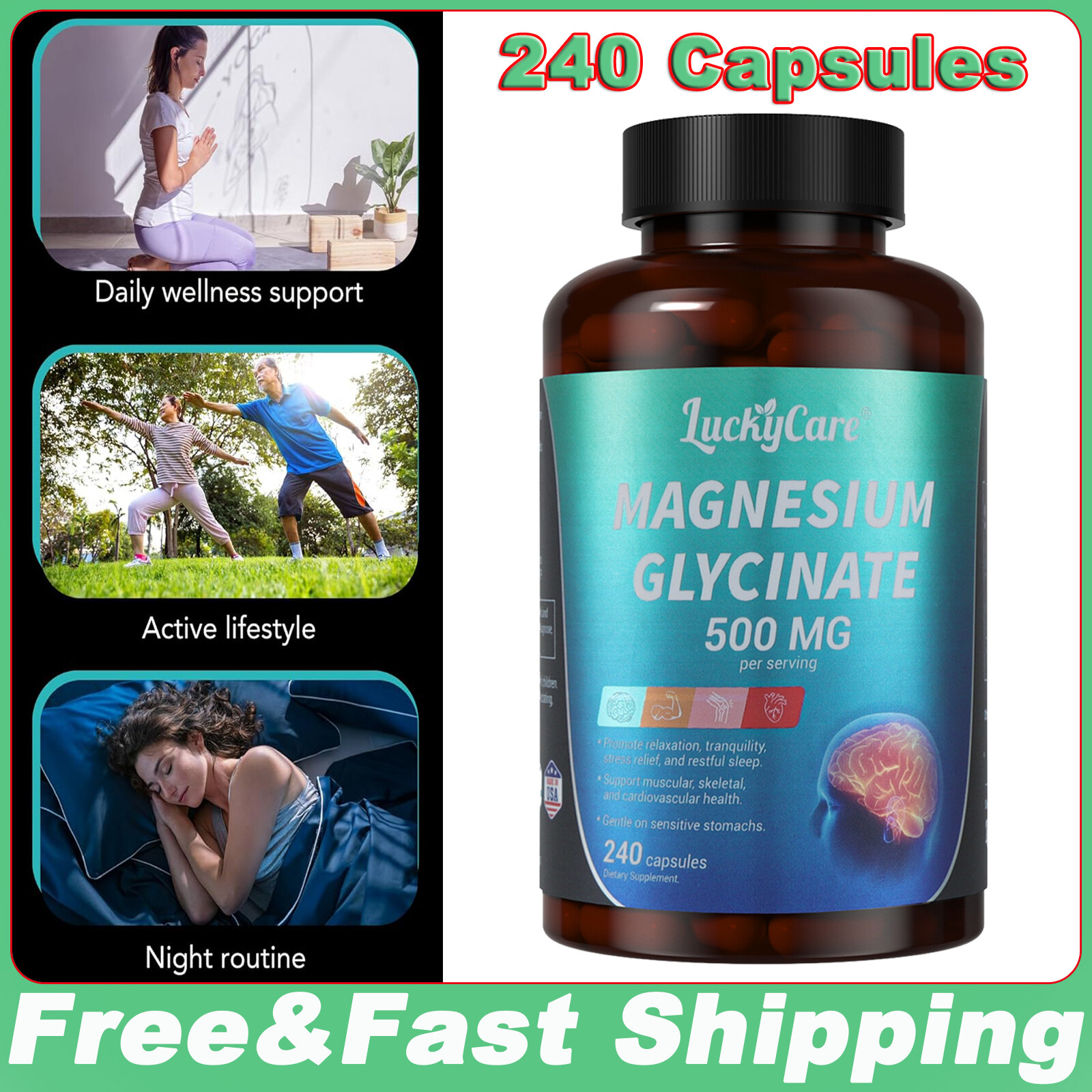 Magnesium Glycinate 500mg 240 Capsules For Sleep Stress Relief Support Bone USA