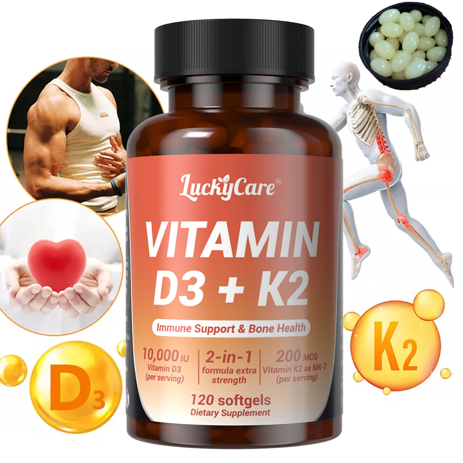 Vitamin D3 K2 Softgel 120 Capsules Extra Strength D3 K2 Supplements for Bone