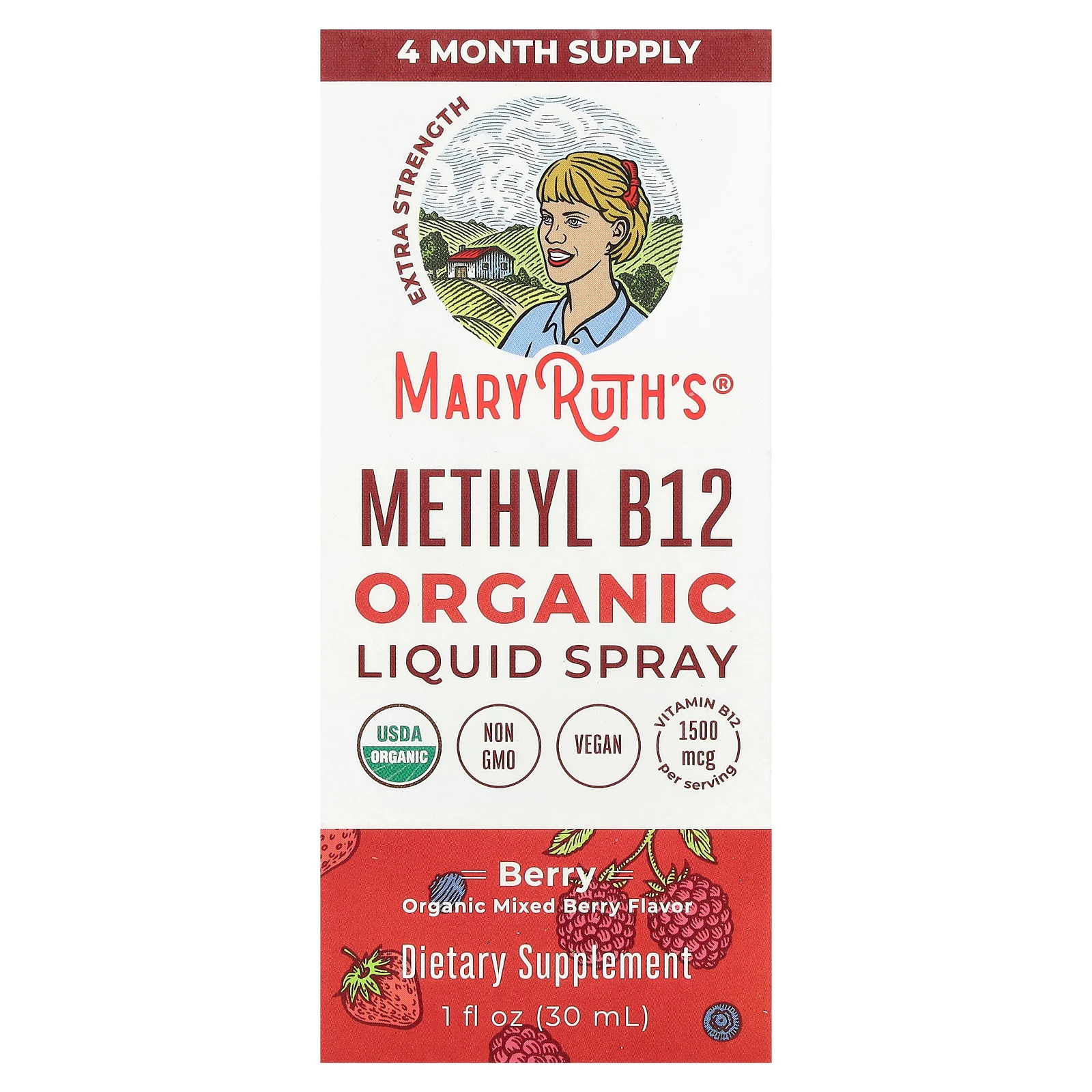 Organic Methyl B12 Liquid Spray, Berry, 1,500 mcg, 1 fl oz (30 ml)