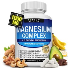 Magnesium Complex 1000mg, 8 Elemental Magnesium, Gluten Free- Non-GMO 90 Caps