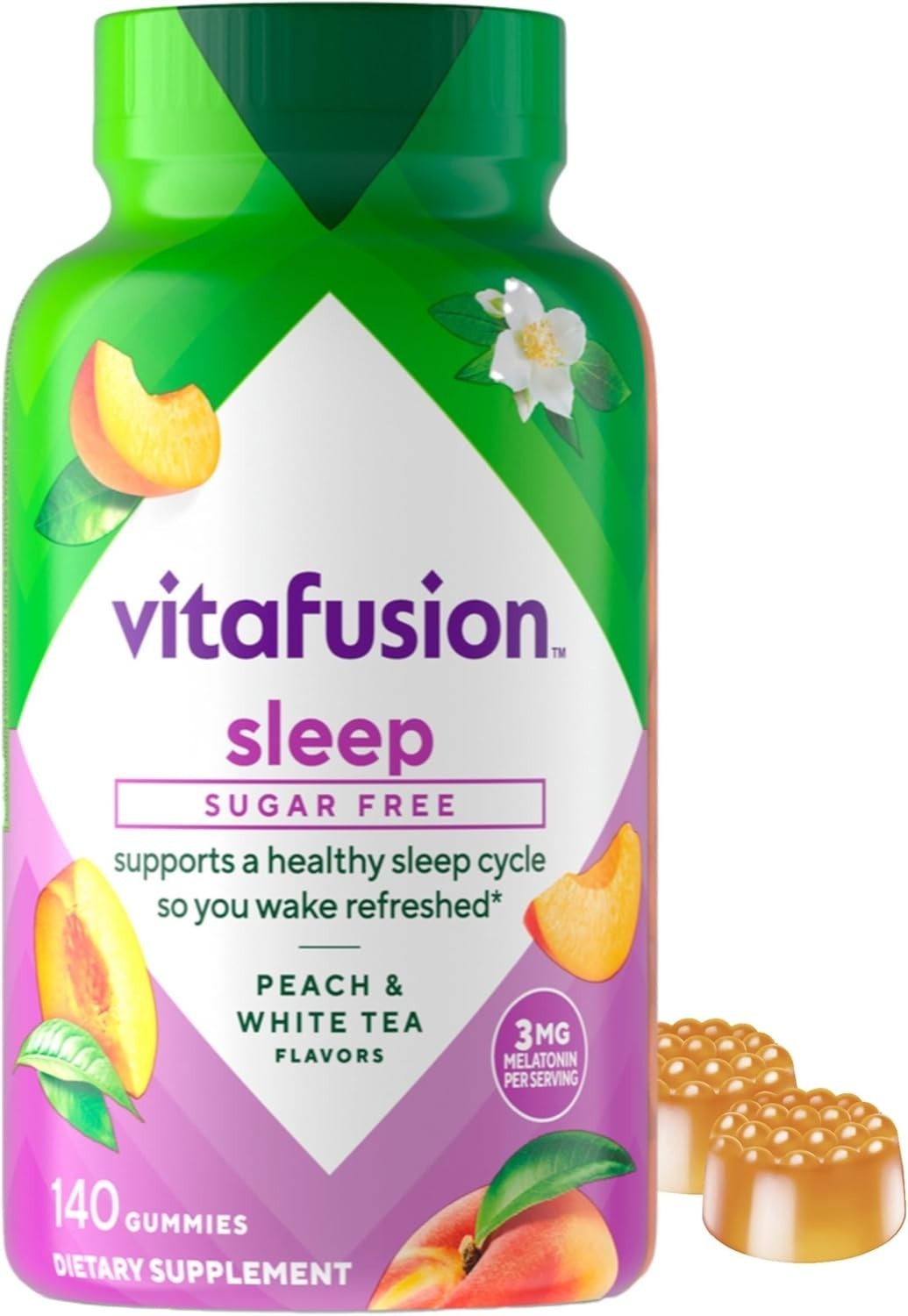 Vitafusion sleep Sugar Free Melatonin 3 mg Gummies, Peach & White Tea, 140 Count